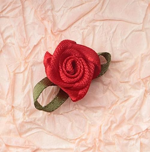 50 Pcs Satin Roses with Green Leaves Mini Cute Ribbon Bows Fabric Red gallery