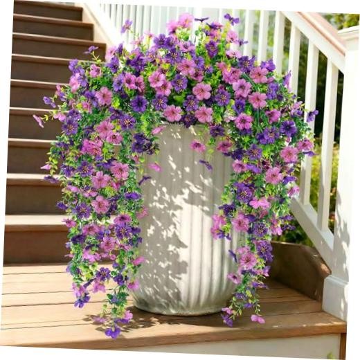5PCS Artificial Faux Hanging Flowers Plants for Outdoor Mixed Purple