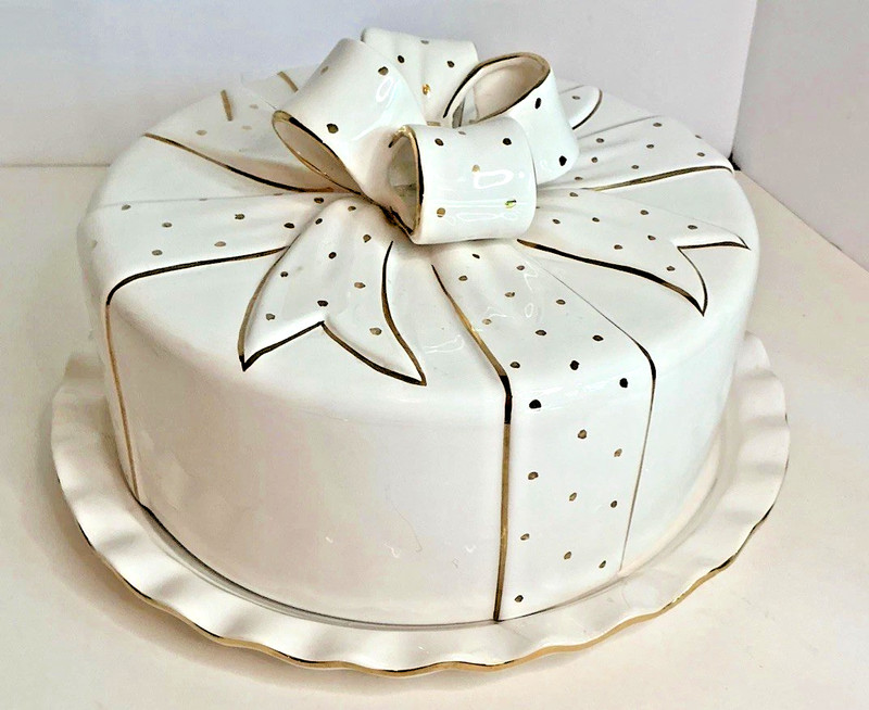 Vintage Portuguese Ceramic Cake Dome & Plate – Gift Box Bow Lid – White w/ Gold gallery