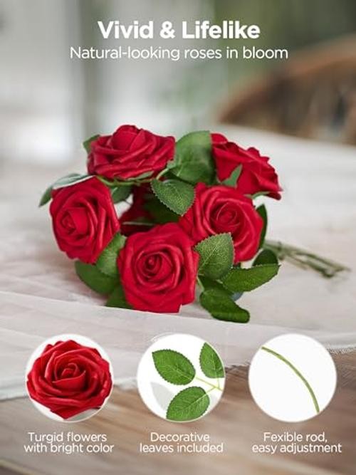 Artificial Flowers Pcs Foam Fake Roses Bulk with Stems for 100 Dark Red gallery