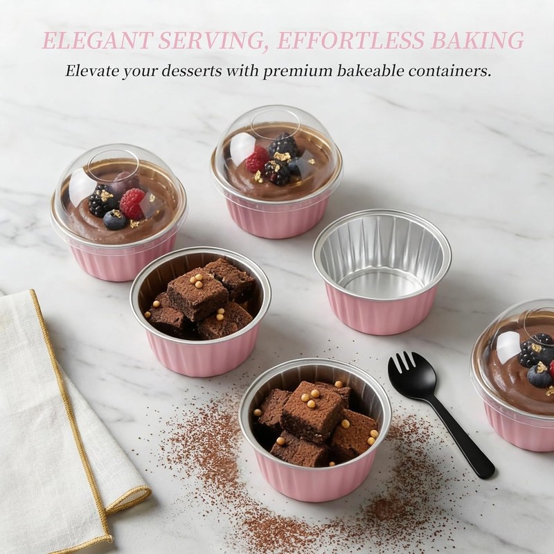 100-Pack 5 oz Pink Mini Cake Pans W/ Lids Disposable Aluminum Foil Baking Cups gallery