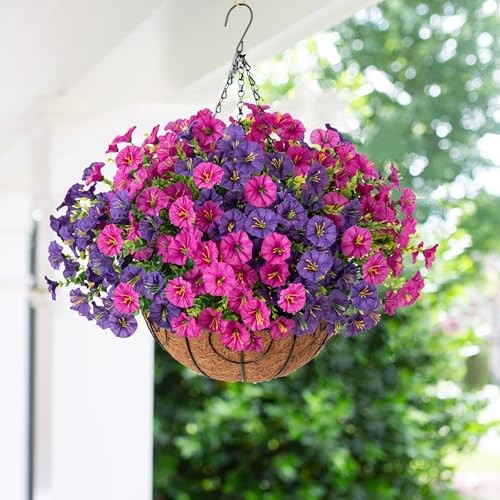 Artificial Faux Hanging Flowers Plants Basket - Spring Summer - Purple-Fuchsia gallery