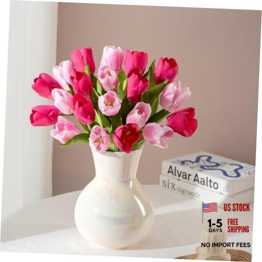 Artificial Tulips – 20 Stems Real Touch Realistic Fake Light Pink & Fuchsia