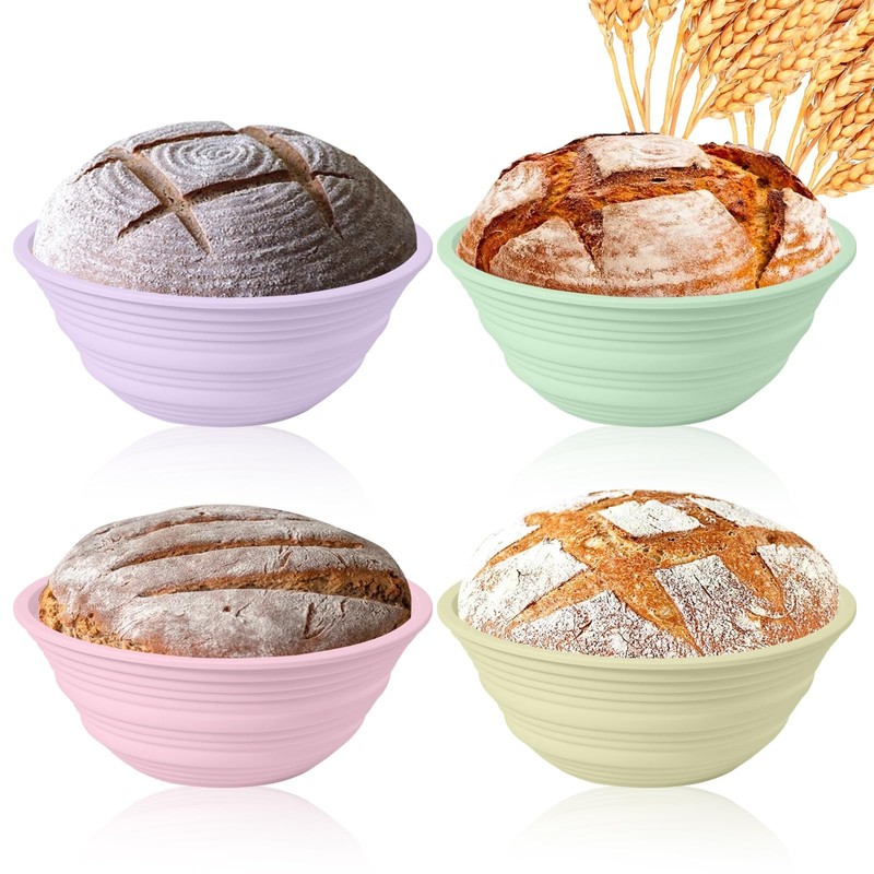 4Pcs Silicone Bread Proofing Baskets, 9″ Collapsible Sourdough Bread Baking S…