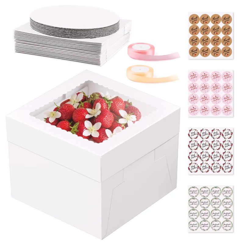 10 PCS 10x10x8 Inch Tall White Cake Bakery Boxes Lids Boards Window Square
