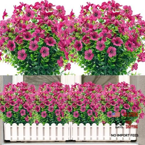 Outdoor Artificial Flowers,UV Resistant Fake Flower with 8 Bundles Rose Red