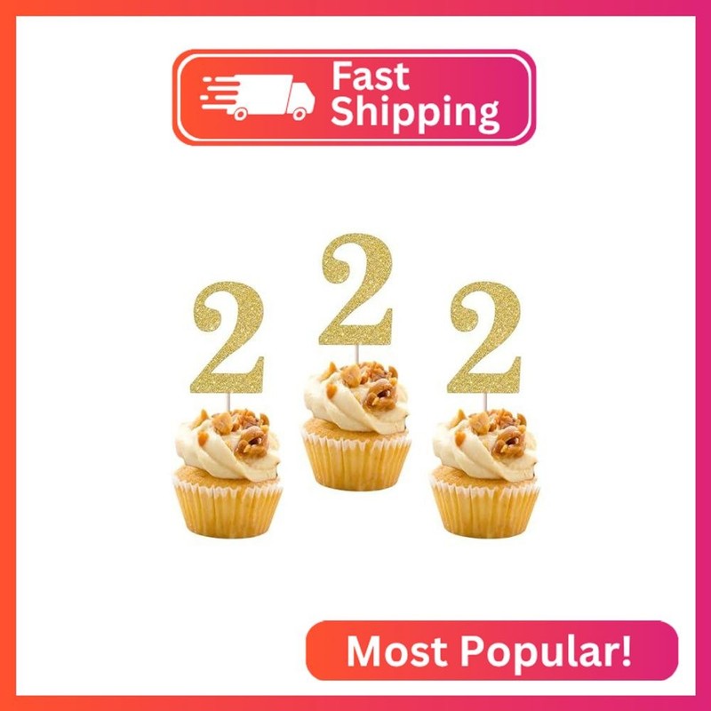 Rsstarxi 36 Pack 2nd Birthday Cupcake Toppers Gold Glitter Age Two Number 2 Cupc