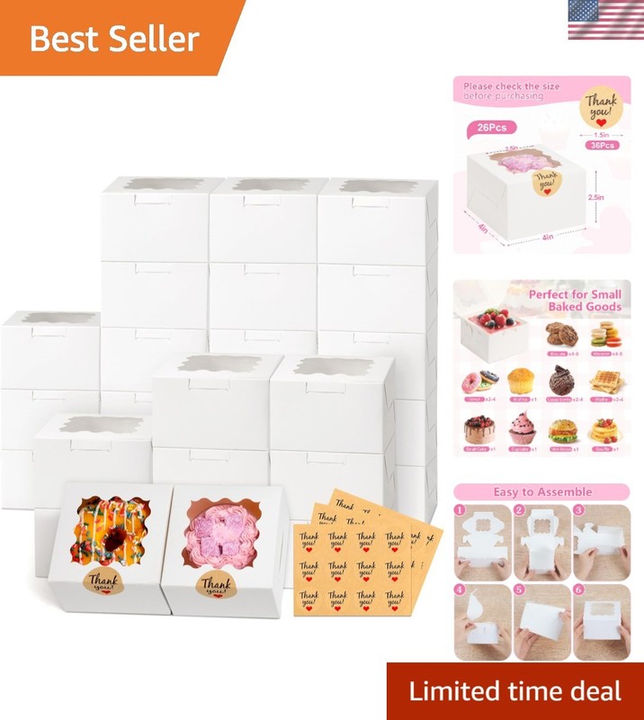 Recyclable 4x4x2.5 Inch White Cookie Boxes – 26pcs with 36 Thank You Stickers