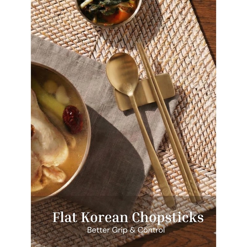 Korean Spoon and Chopstick 2 Set – Premium 18/10 Titanium Gold – Double Happi... gallery