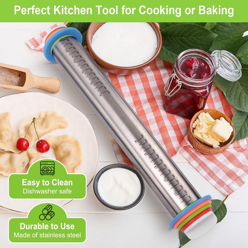 Adjustable Rolling Pin with Thickness Rings for Baking, Stainless Steel Desig... gallery