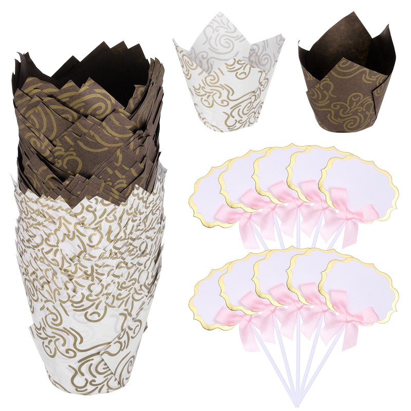 100Pcs Cloud Tulip Cupcake Liners with 10Pcs Cheese Markers, Brown/White Gold