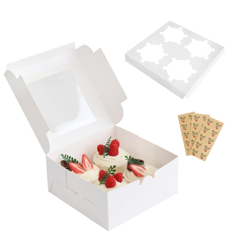 Cupcake Boxes 4 Count with Window, Bakery Boxes, Muffin Containers, Food Grad…