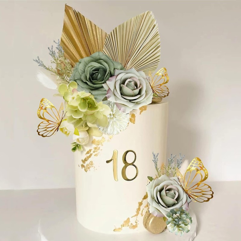 Boho Cake Topper Palm Leaves Dusty Green Flowers Butterflies Cake Decorations