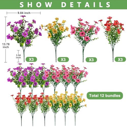 12 Bundles Artificial Flowers for Outdoor,4 Color No Yellow,fuchsia,purple,red gallery