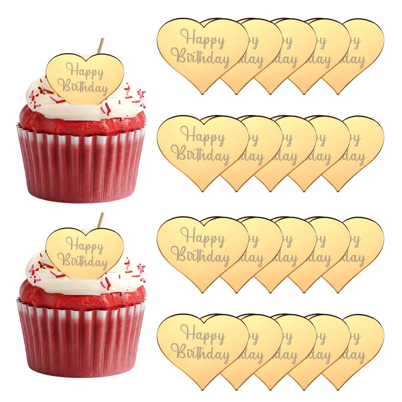 20Pcs Acrylic Mirror Happy Birthday Cupcake Toppers Heart Shapes, 004-Gold