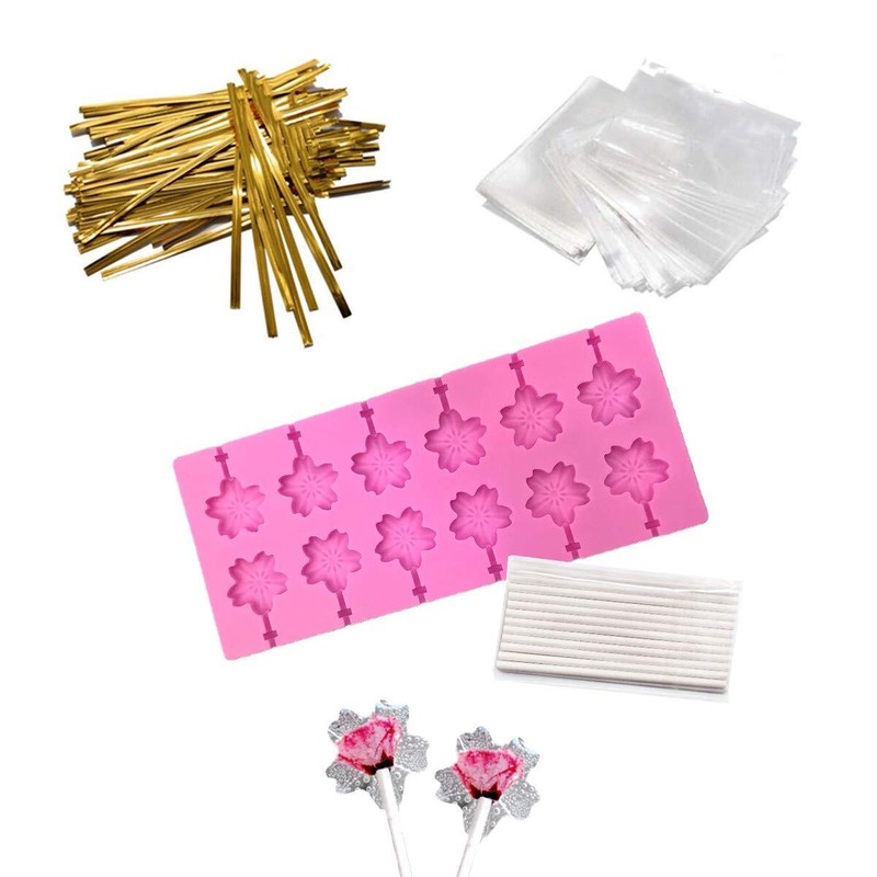Silicone Cherry Blossoms Lollipop Mold Set 12 Capacity 50pcs Sticks Pink