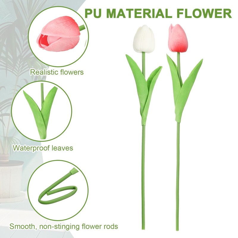 20pcs Tulips Artificial Flowers, Fake Tulip Stems(Pure White/Rose Pink) gallery