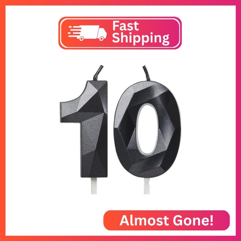 Number 10 Candles,10th Birthday Candles, Black Happy Birthday Candle for Cake,3D