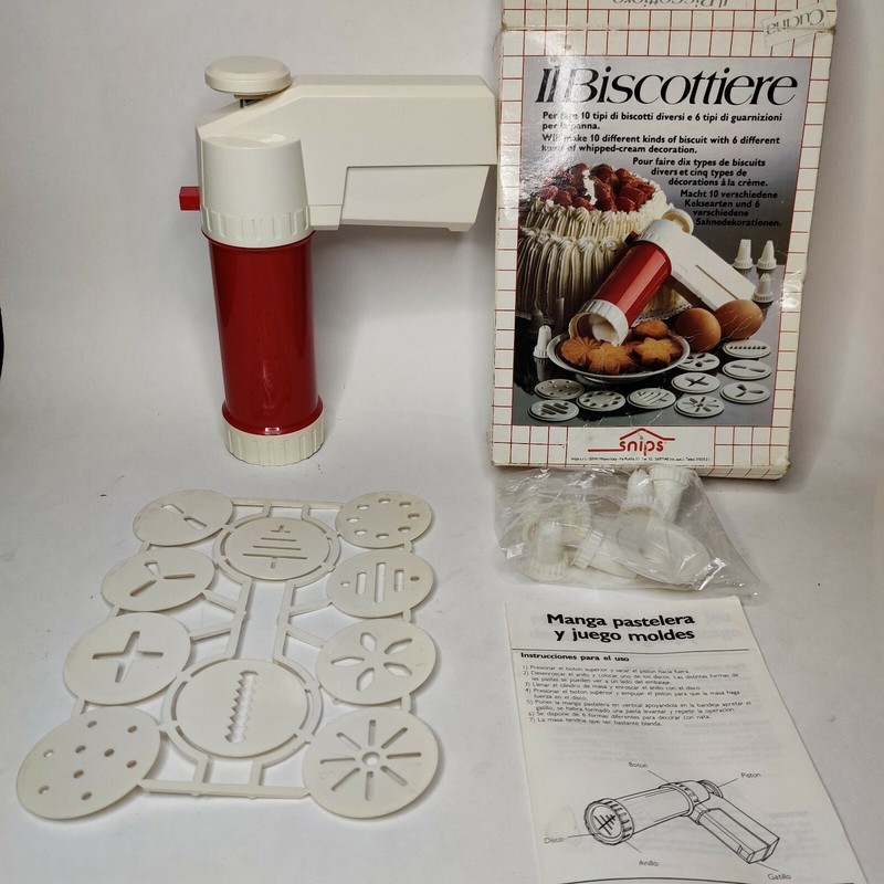 Vintage Italy Biscuit Maker Cookie Press Complete In Box W/ 10 Discs & 6 Tips
