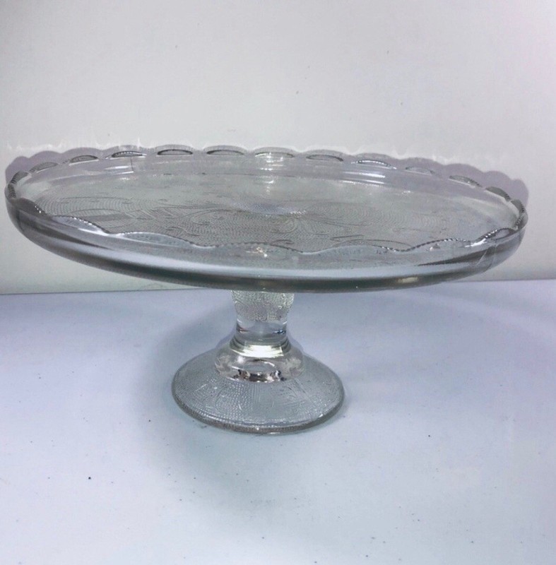 Beautiful Harp Stamped Vintage Glass Cake Plate Entertaining Birthday Party
