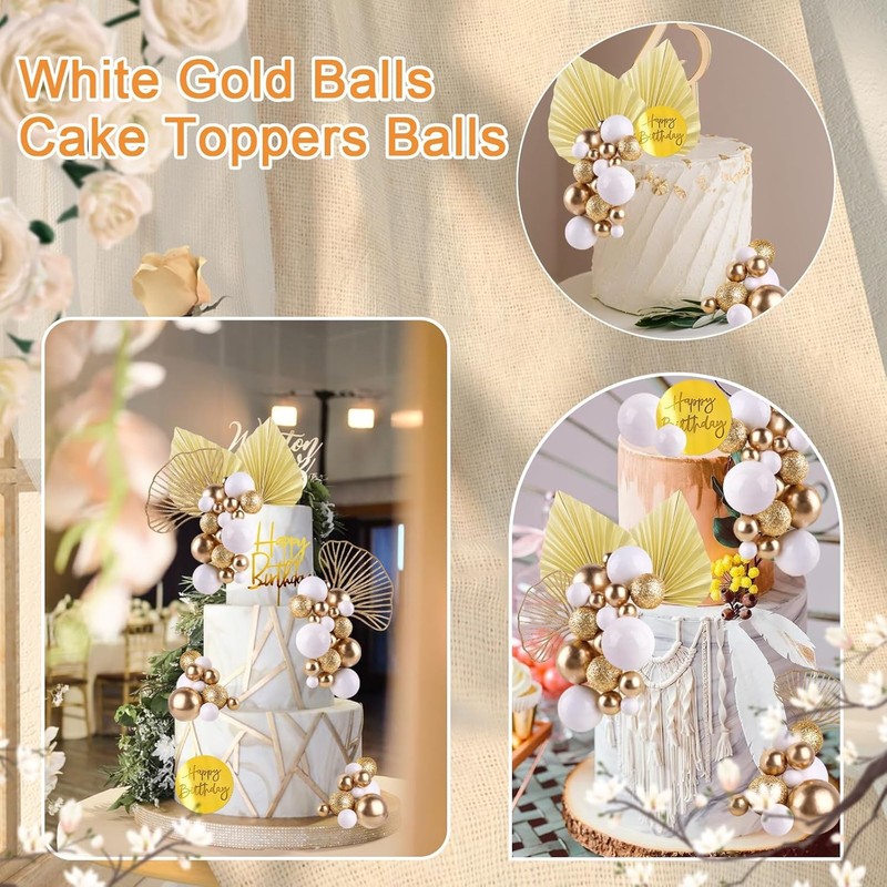 White Gold Balls Cake Toppers Champagne Rose Cake Decoration with Gold Palm gallery