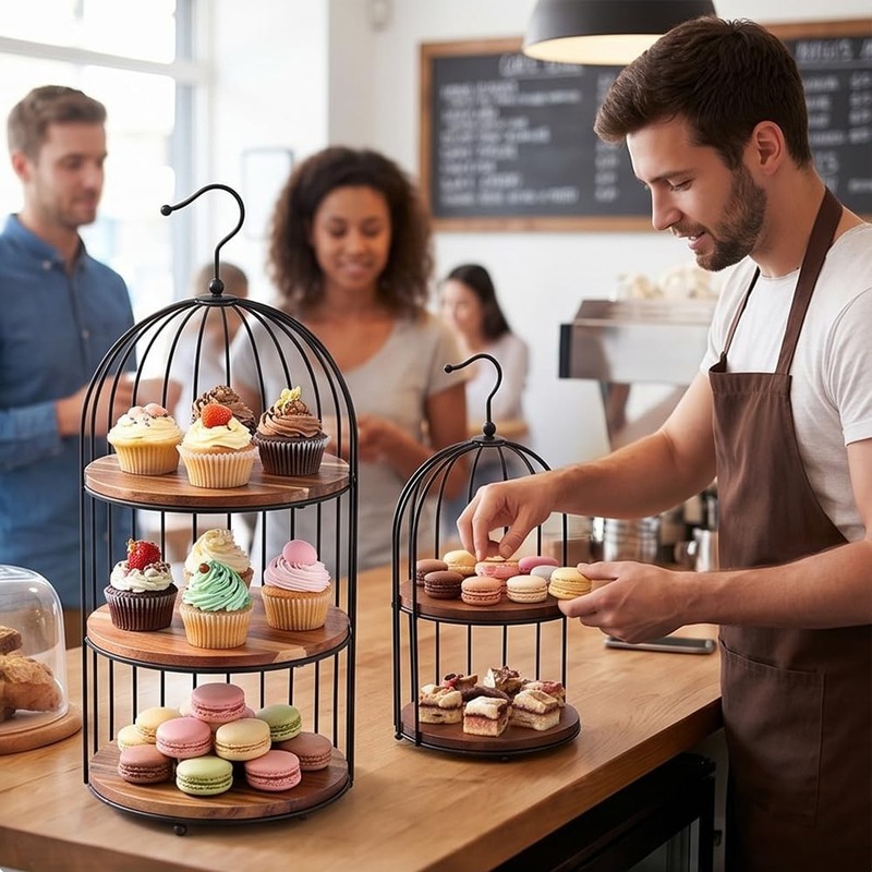 Bird Cage Cupcake Stand Set of 2, 3-Tier and 2-Tier Acacia Wood Trays with Bl... gallery
