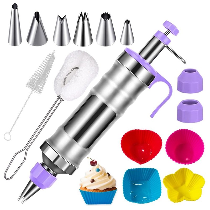 Dessert Decorating Syringe Set with 8 Silicone Cupcake Liners,Frosting Piping…
