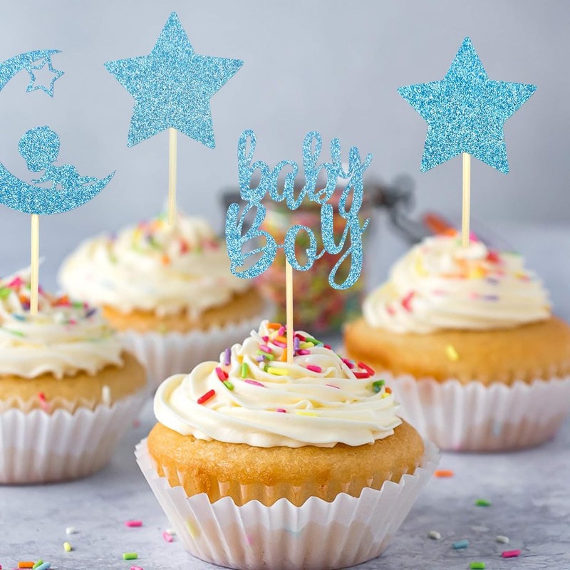24 PCS Baby Shower Boy Cupcake Toppers with Moon Star Blue Glitter Cupcake Picks gallery