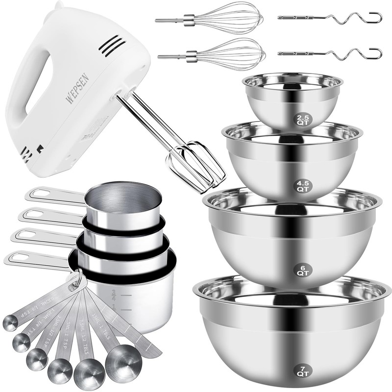 Hand Mixer Set, 5~Speed, 200W, 4 Stainless Steel Bowls, Cups & Spoons