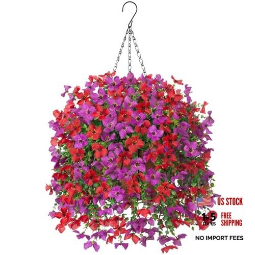 Artificial Hanging Flowers Plants with Basket for Outdoors, A-purple Red