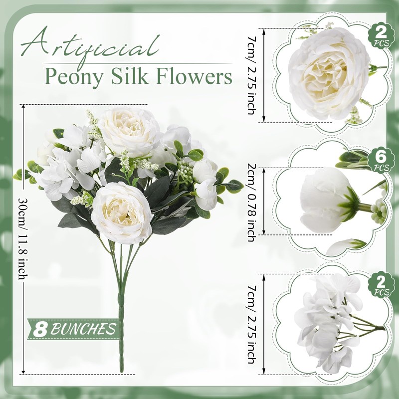 Yunsailing 8 Packs Artificial Peony Flowers Faux Silk Hydrangea Bouquet Vintage gallery