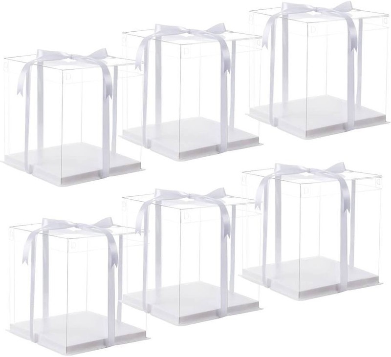 6 Pcs Clear Cake Box with Ribbon, 2-Layer Tall Cake Packaging Boxes 8X8X9 Inch,