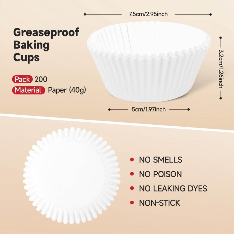 Xlloest Premium Standard Baking Cups, Cupcake Liners Paper, Pack of 200 (White) gallery
