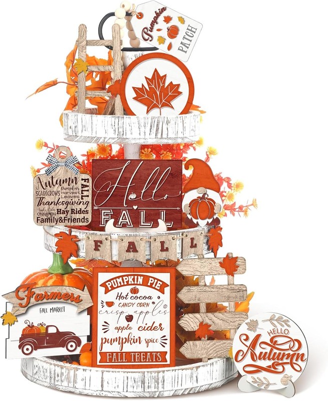 Huwena 16 Pcs Fall Tiered Tray Decor Thanksgiving Autumn Gnome Truck Brown