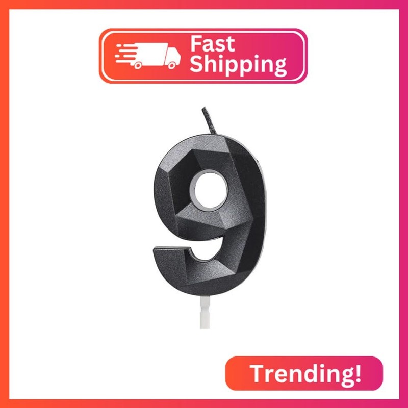 Number 9 Candles,9th Birthday Candles, Black Happy Birthday Candle for Cake,3D D