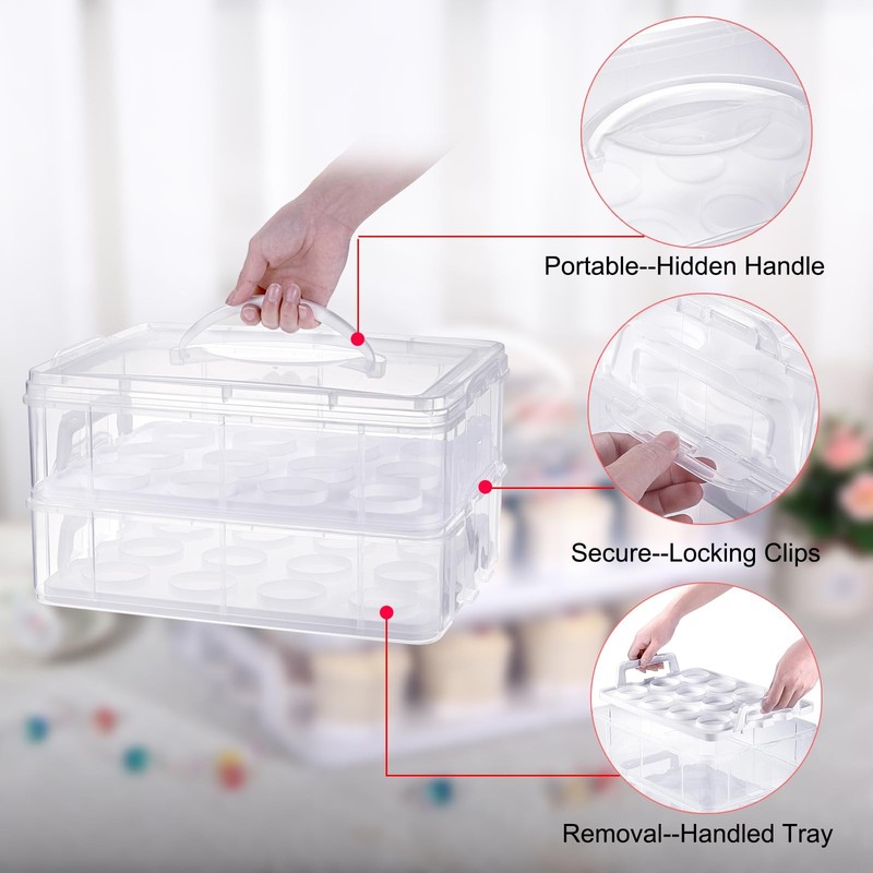 2 Tier Clear Plastic Cupcake Holder with Lid & Handles, Portable Cupcake Carr... gallery