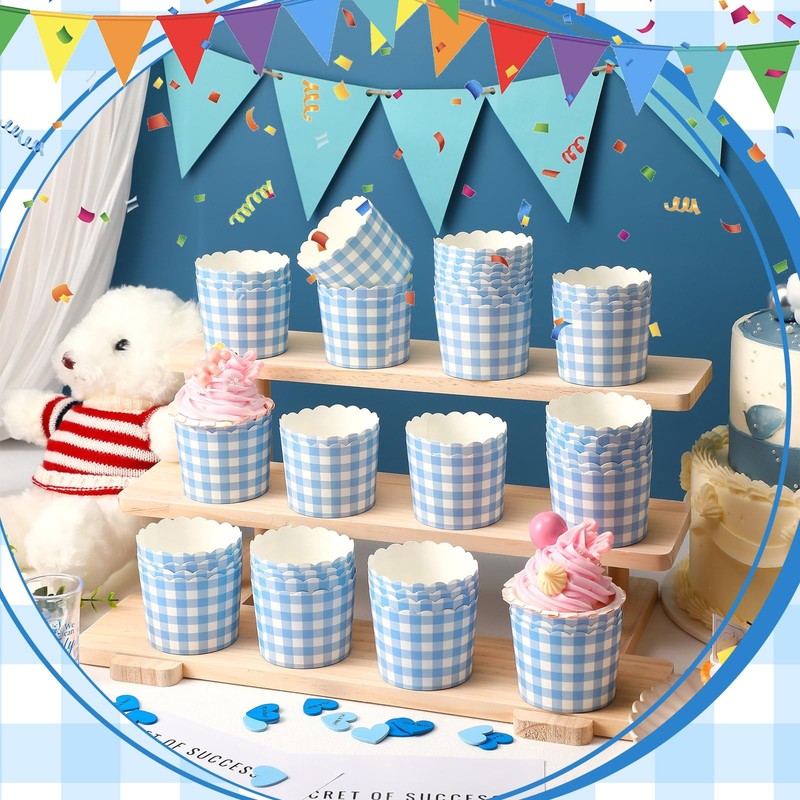 150 PCS Blue Gingham 5 oz Ice Cream Cups Scalloped Paper Cupcake Wrappers gallery