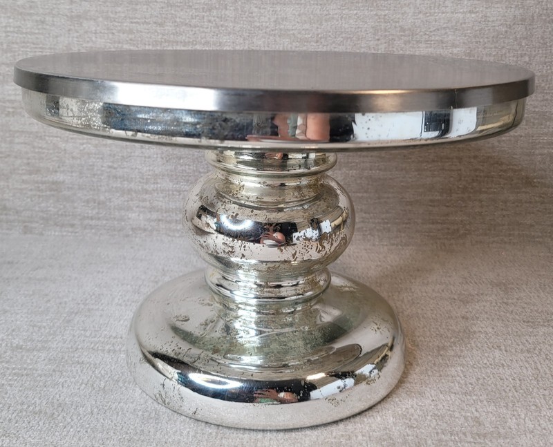 Retired Pottery Barn Mercury Glass & Stainless Pedestal Cake Stand 7" x 11" NEW gallery