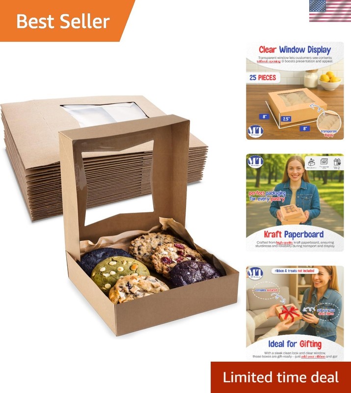Sturdy Auto Pop-Up Bakery Boxes with Window – 25 Count Kraft Cookie Packaging