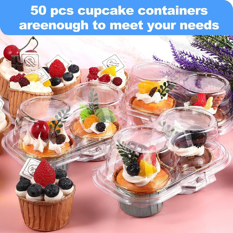 50Pcs Cupcake Containers Disposable,2 Cavity Cupcake Boxes,Clear Cupcake Holder, gallery