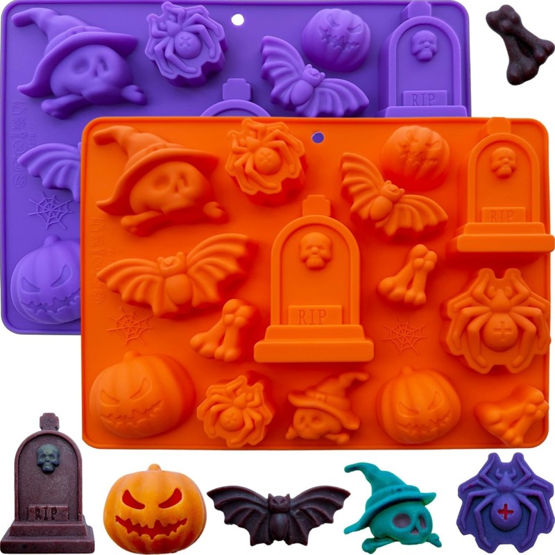 Halloween Silicone Candy Mold 2 Pack 15 Cavities Skull Pumpkin Ghost Bat for …