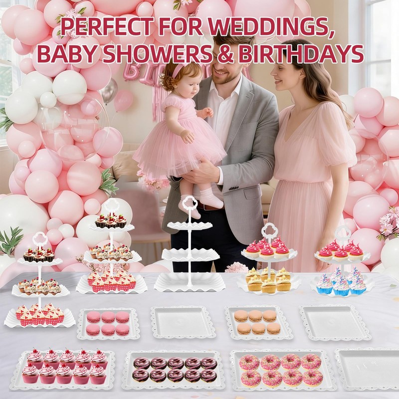 13PCS Cupcake Stand Set, 2-Tier Round & 3-Tier Square Trays, 4 Small Square +... gallery