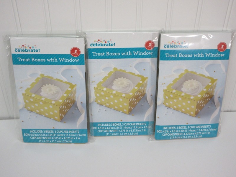 Treat Boxes W/ Window & Cupcake Insert Gold White Polka Dots Lot of 3 -3pack ea gallery