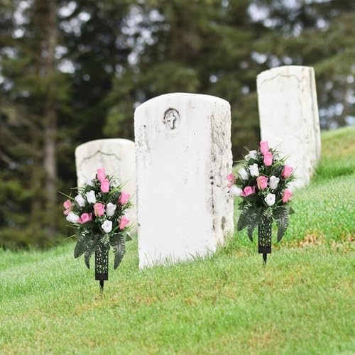 2 Sets Artificial Cemetery Flowers Grave Flowers with Vase, White Pink gallery