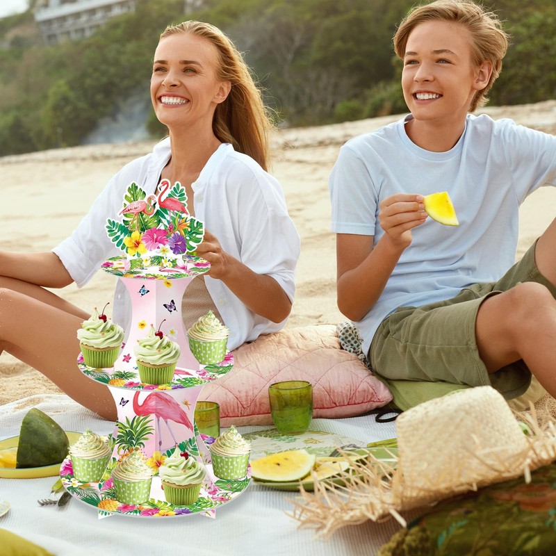3-Tier Hawaiian Luau Cupcake Stand - 18 Inches Tall, Flamingo and Tropical Fl... gallery