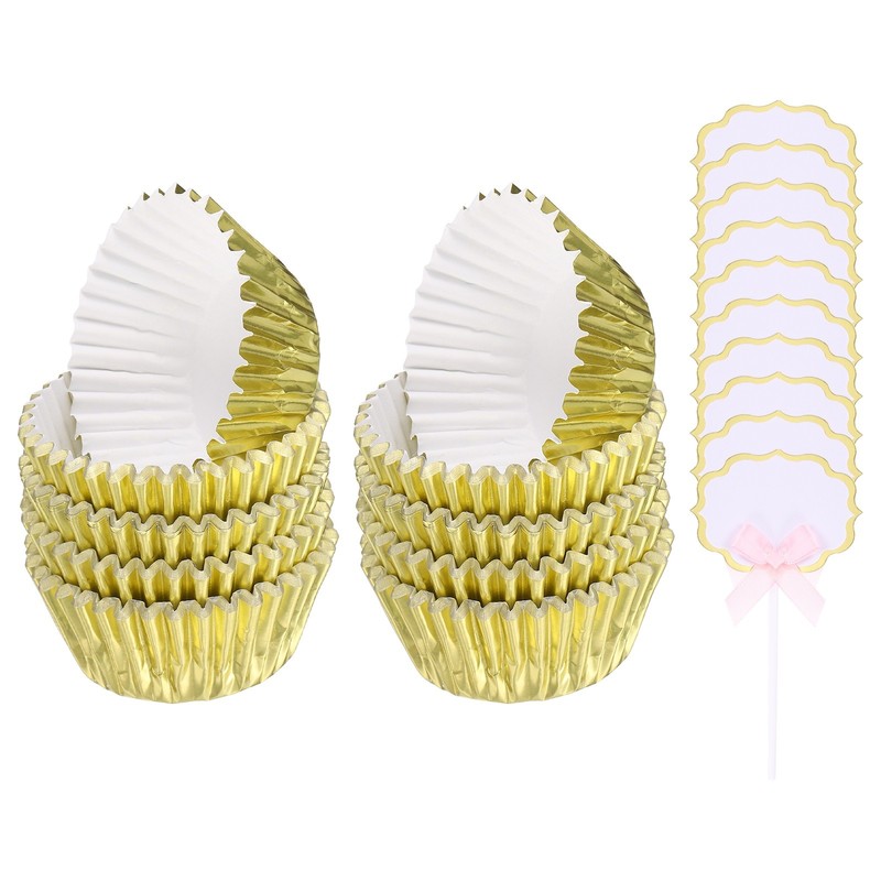 Foil Cupcake Liners 200Pcs with 10Pcs Cake Toppers for Baking, Gold