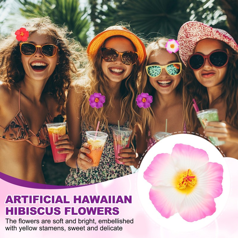 Hawaiian Hibiscus Flowers, 16 pcs, Hair Clip, White/Pink gallery