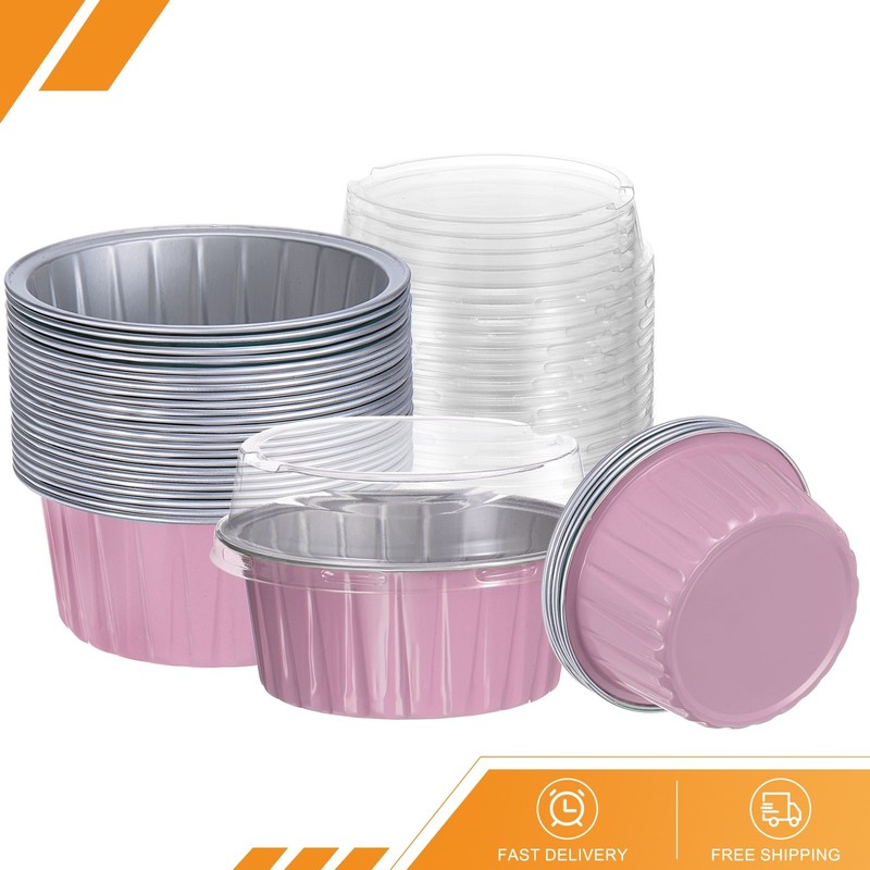 50Pcs Baking Cups with Lids 5oz Aluminum Foil Liners Disposable Containers Pink