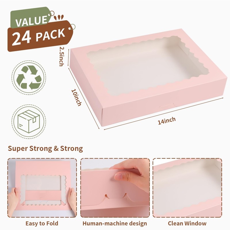 24 PCS Cookie Boxes 14x10x2.5 Inch Large Bakery Window Pies Pink Pastry gallery