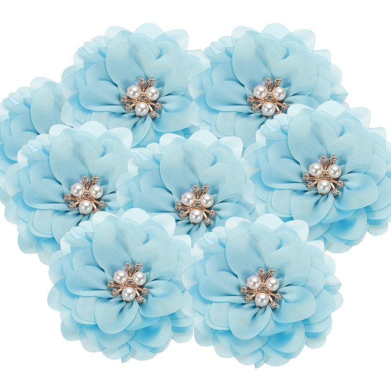 3.15 Inch Rhinestone Chiffon Flower, 10 Pcs Fabric Appliques, Blue